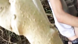 Чувак приспустил штаны и встал раком перед другом в кустах